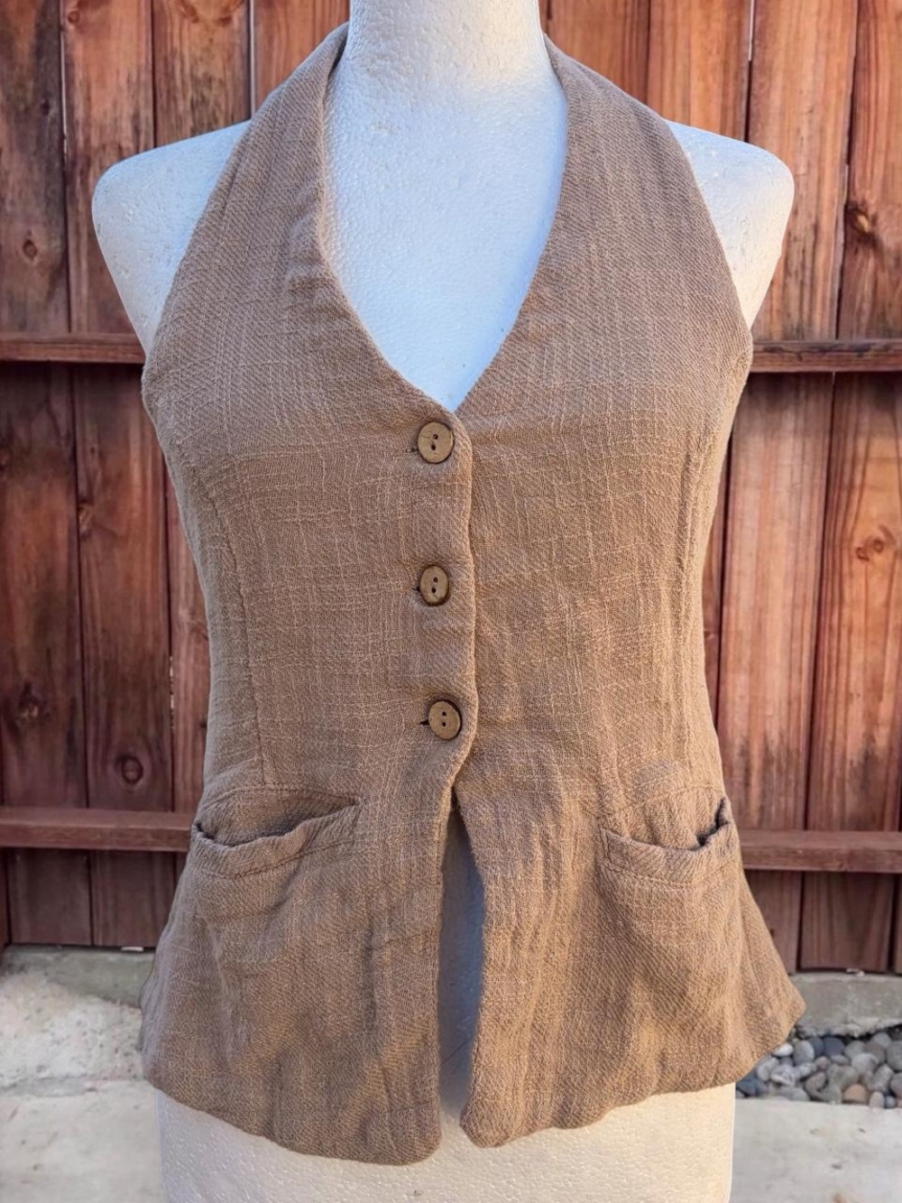 Free People Tan Textured Halter Button Vest
